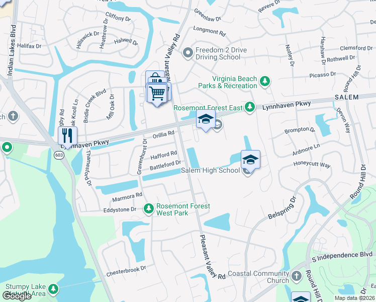 map of restaurants, bars, coffee shops, grocery stores, and more near 1768 Alvena Lane in Virginia Beach