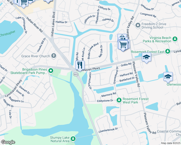 map of restaurants, bars, coffee shops, grocery stores, and more near 1305 Thamesford Drive in Virginia Beach