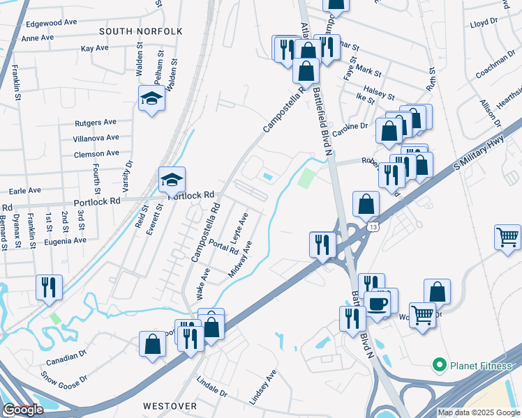map of restaurants, bars, coffee shops, grocery stores, and more near 4103 Leyte Avenue in Chesapeake