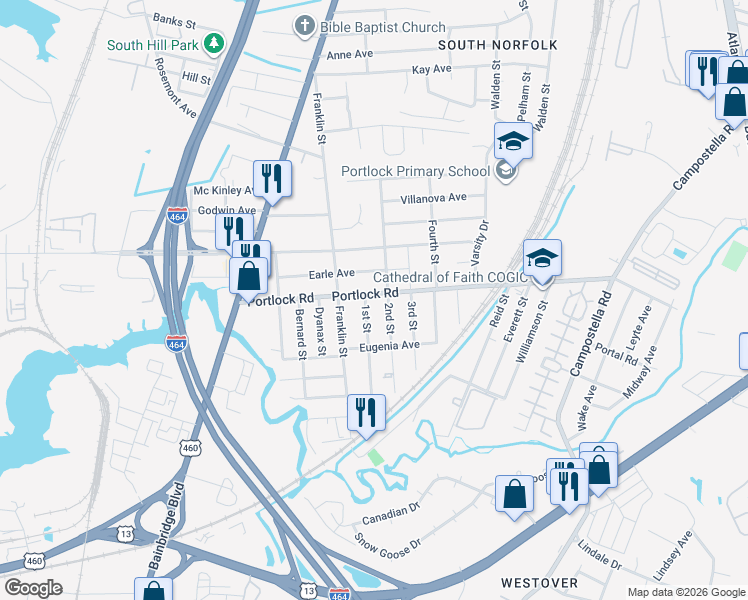 map of restaurants, bars, coffee shops, grocery stores, and more near 4101 1st Street in Chesapeake