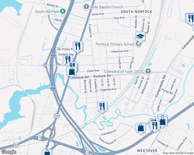 map of restaurants, bars, coffee shops, grocery stores, and more near 4102 Franklin Street in Chesapeake