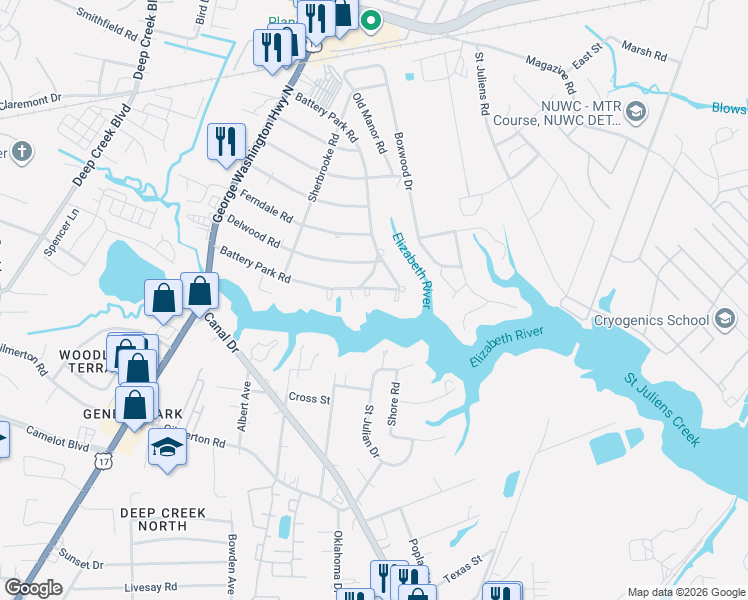 map of restaurants, bars, coffee shops, grocery stores, and more near 1105 Battery Circle in Chesapeake