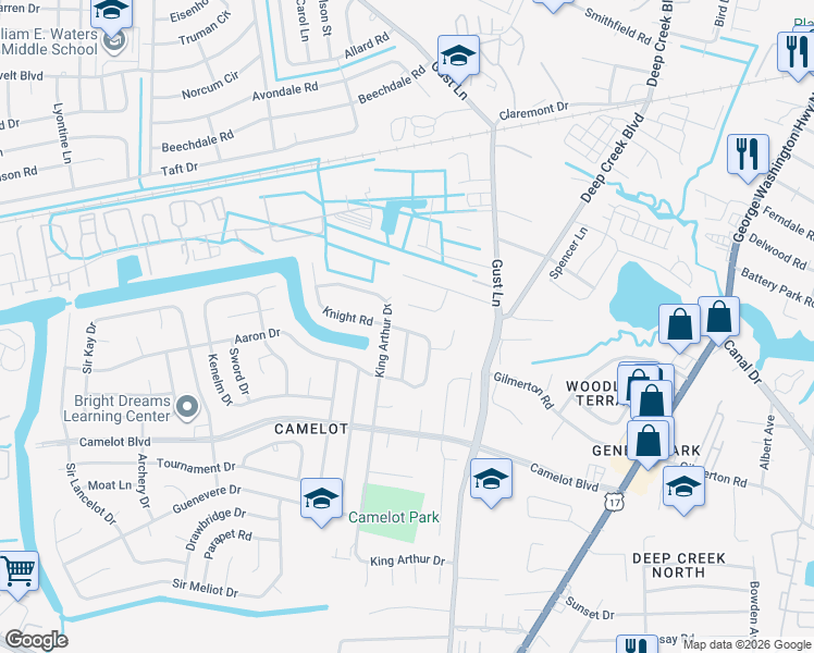 map of restaurants, bars, coffee shops, grocery stores, and more near 1221 Dragon Lane in Chesapeake