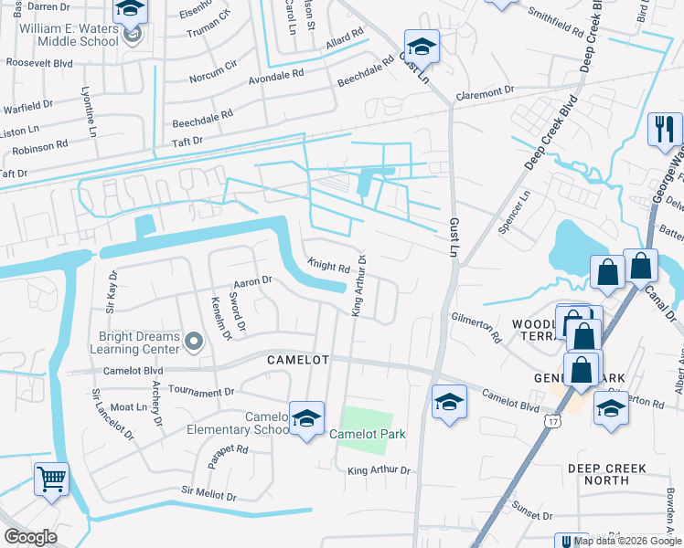map of restaurants, bars, coffee shops, grocery stores, and more near 1216 King Arthur Drive in Chesapeake