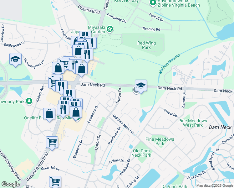 map of restaurants, bars, coffee shops, grocery stores, and more near 1720 Cottenham Lane in Virginia Beach