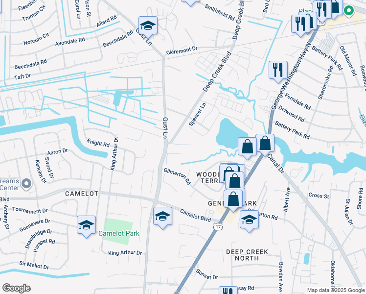 map of restaurants, bars, coffee shops, grocery stores, and more near 1305 Deep Creek Boulevard in Chesapeake