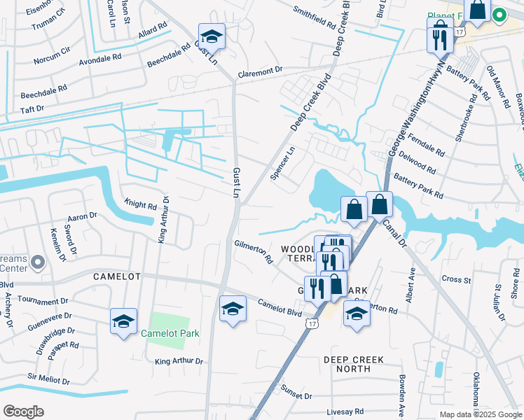map of restaurants, bars, coffee shops, grocery stores, and more near 1305 Deep Creek Boulevard in Chesapeake