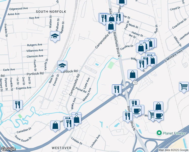 map of restaurants, bars, coffee shops, grocery stores, and more near 4103 Leyte Avenue in Chesapeake