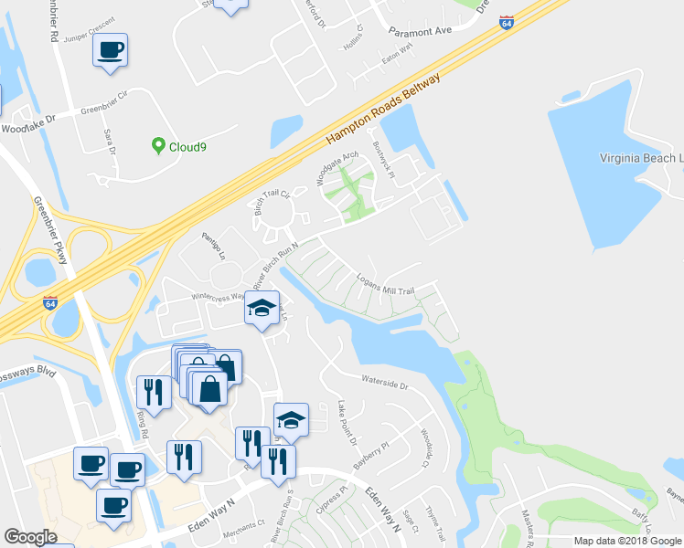 map of restaurants, bars, coffee shops, grocery stores, and more near 1916 Kelly Run in Chesapeake