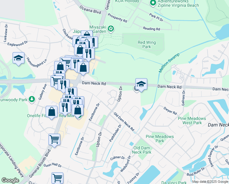 map of restaurants, bars, coffee shops, grocery stores, and more near 1697 Cottenham Lane in Virginia Beach