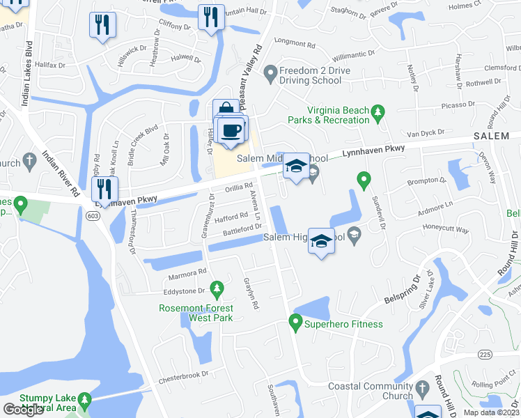 map of restaurants, bars, coffee shops, grocery stores, and more near 1750 Alvena Lane in Virginia Beach