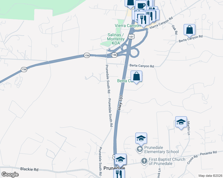map of restaurants, bars, coffee shops, grocery stores, and more near 9225 Prunedale South Road in Salinas