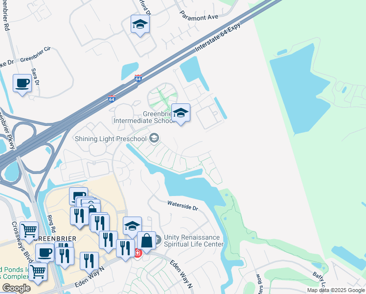 map of restaurants, bars, coffee shops, grocery stores, and more near 2000 Dawnee Brook Trail North in Chesapeake