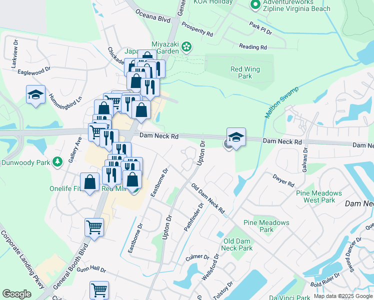 map of restaurants, bars, coffee shops, grocery stores, and more near 1705 Cottenham Lane in Virginia Beach