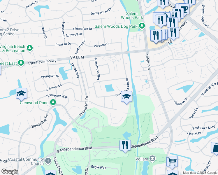 map of restaurants, bars, coffee shops, grocery stores, and more near 1716 Handcross Way in Virginia Beach