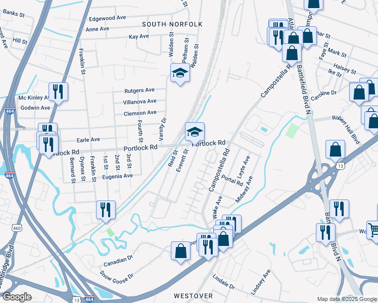 map of restaurants, bars, coffee shops, grocery stores, and more near 4106 Everett Street in Chesapeake