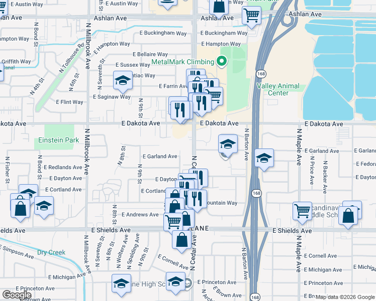map of restaurants, bars, coffee shops, grocery stores, and more near 3695 North Cedar Avenue in Fresno