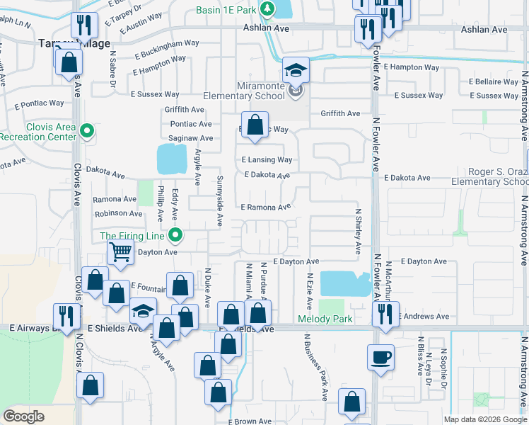 map of restaurants, bars, coffee shops, grocery stores, and more near 5836 East Ramona Avenue in Fresno