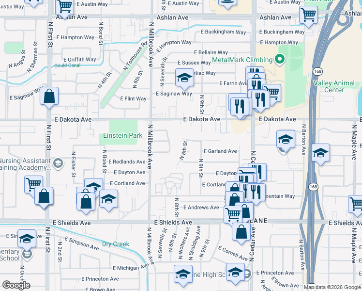 map of restaurants, bars, coffee shops, grocery stores, and more near 3650 North 8th Street in Fresno
