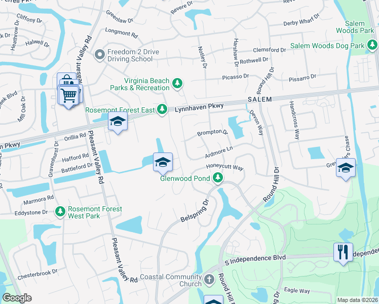 map of restaurants, bars, coffee shops, grocery stores, and more near 4705 Ardmore Lane in Virginia Beach