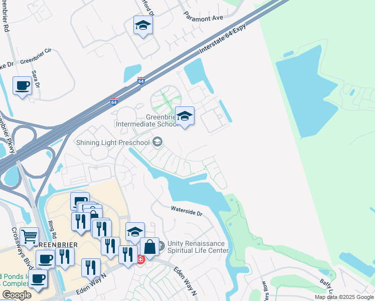 map of restaurants, bars, coffee shops, grocery stores, and more near 2000 Dawnee Brook Trail North in Chesapeake