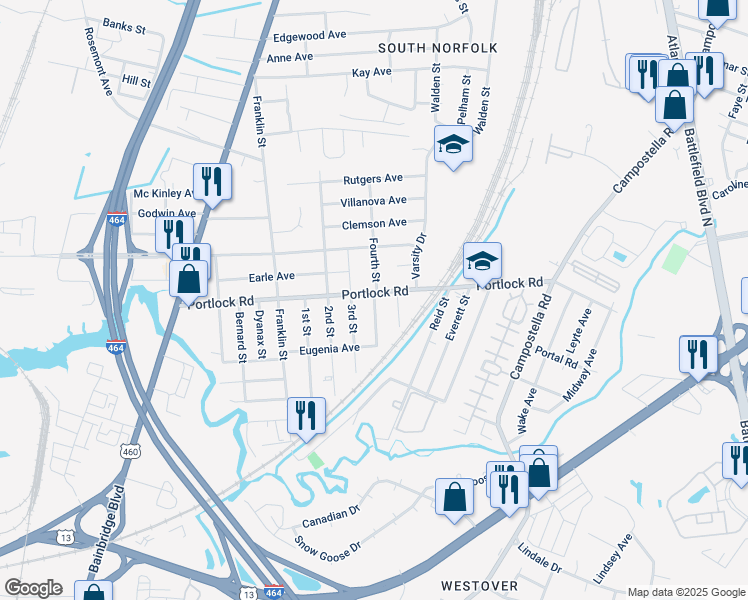 map of restaurants, bars, coffee shops, grocery stores, and more near 4105 Fourth Street in Chesapeake