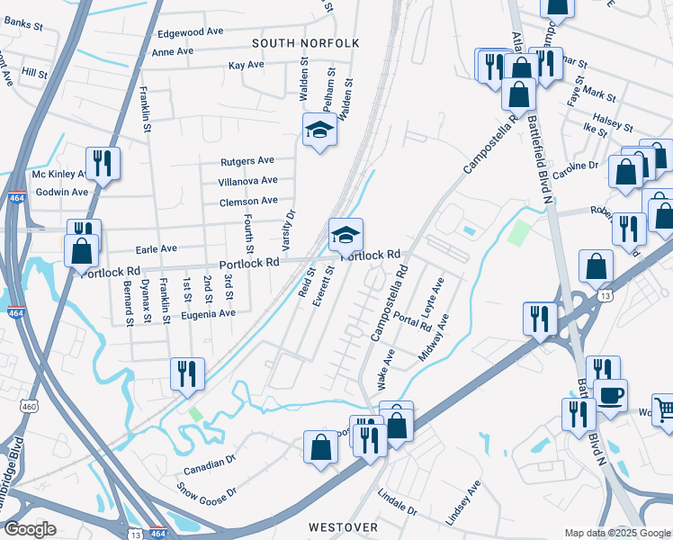 map of restaurants, bars, coffee shops, grocery stores, and more near 4106 Everett Street in Chesapeake