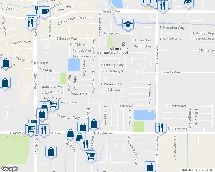 map of restaurants, bars, coffee shops, grocery stores, and more near 5836 East Ramona Avenue in Fresno
