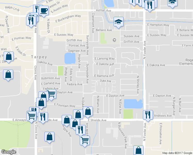 map of restaurants, bars, coffee shops, grocery stores, and more near 5822 East Ramona Avenue in Fresno
