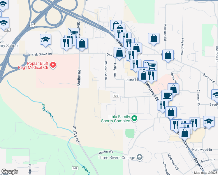 map of restaurants, bars, coffee shops, grocery stores, and more near 2934 Oakmoore Drive in Poplar Bluff
