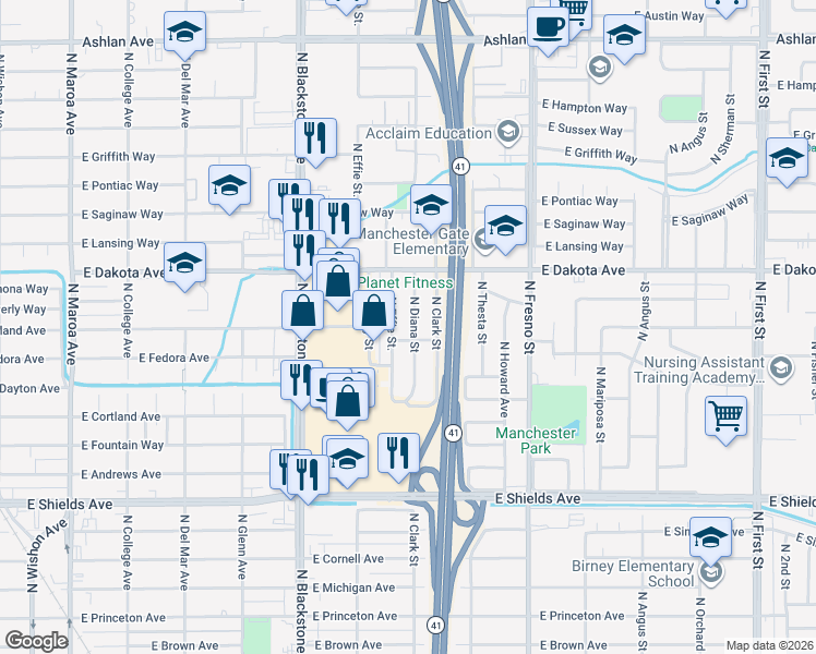 map of restaurants, bars, coffee shops, grocery stores, and more near 3711 North Diana Street in Fresno