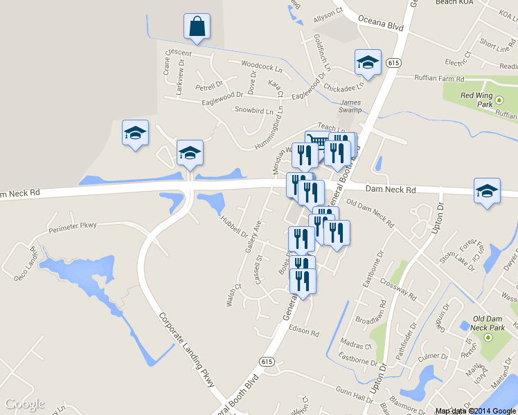 map of restaurants, bars, coffee shops, grocery stores, and more near 1557 Gallery Ave in Virginia Beach