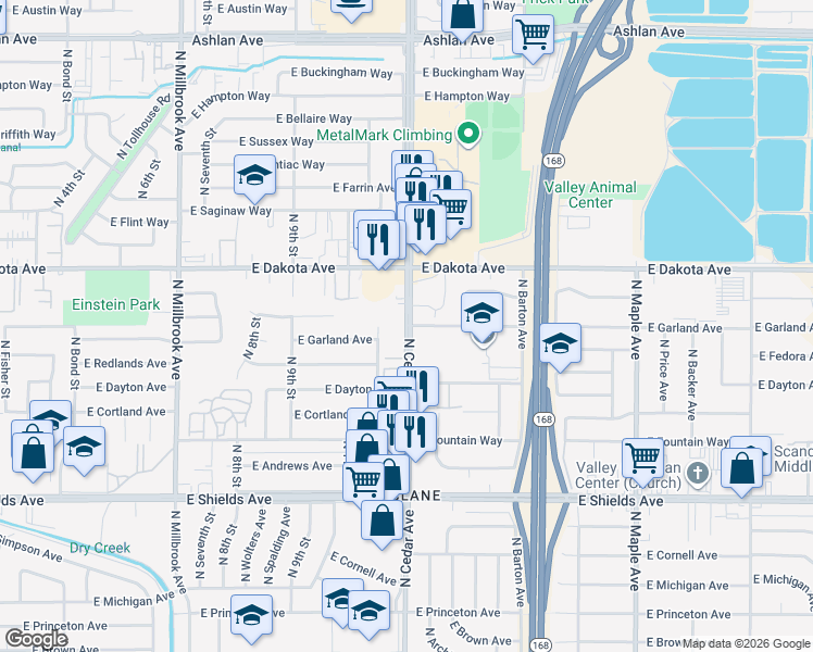 map of restaurants, bars, coffee shops, grocery stores, and more near North Cedar Avenue & East Garland Avenue in Fresno