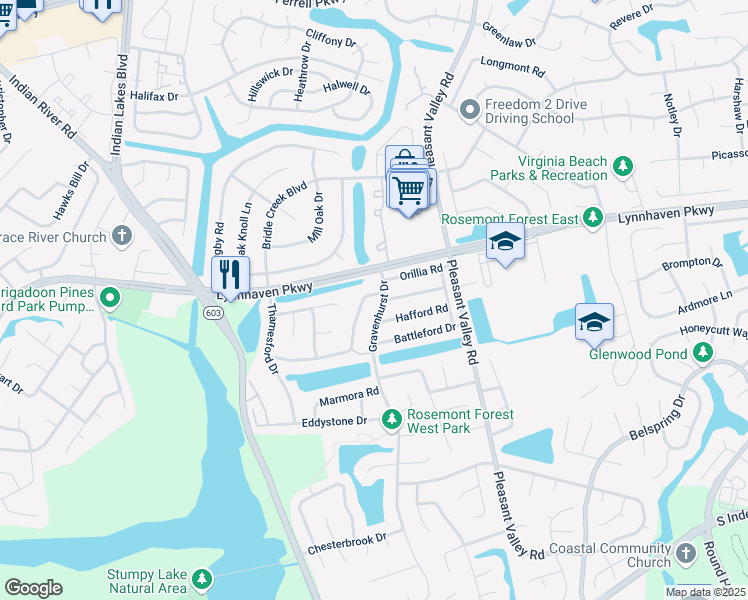 map of restaurants, bars, coffee shops, grocery stores, and more near 1405 Collingswood Trail in Virginia Beach