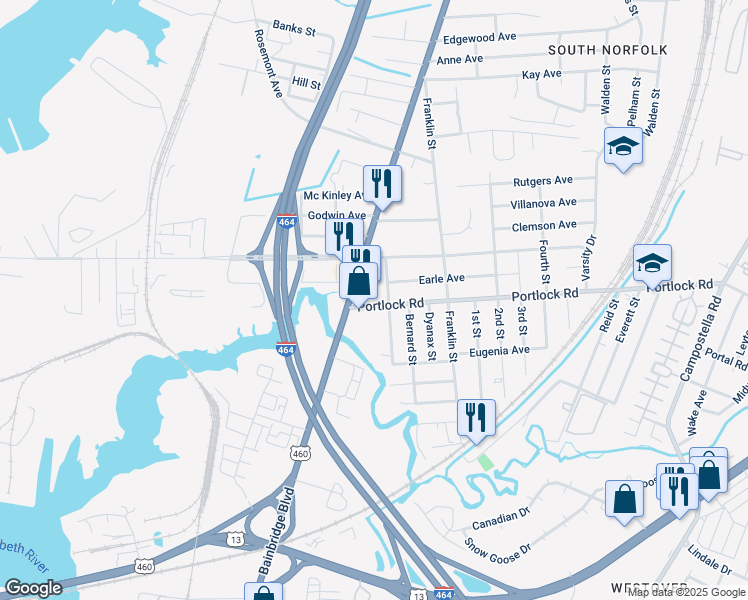 map of restaurants, bars, coffee shops, grocery stores, and more near 1107 Portlock Road in Chesapeake