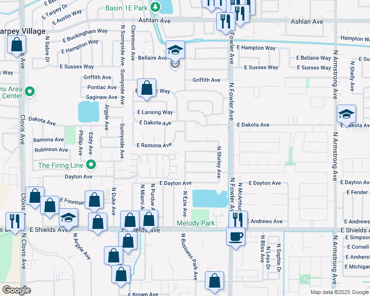 map of restaurants, bars, coffee shops, grocery stores, and more near 3683 North Ezie Avenue in Fresno