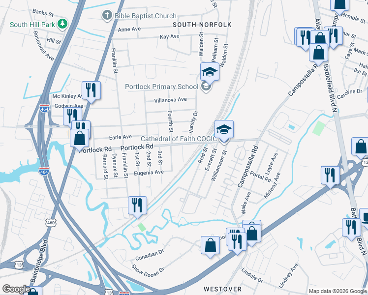 map of restaurants, bars, coffee shops, grocery stores, and more near 4105 Fourth Street in Chesapeake