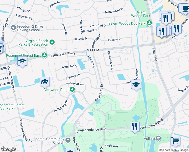 map of restaurants, bars, coffee shops, grocery stores, and more near 1849 Burwillow Drive in Virginia Beach