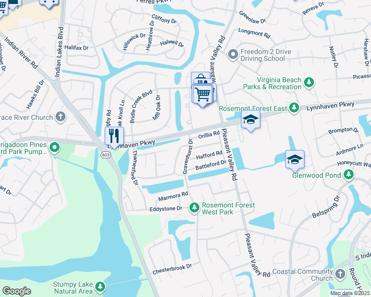 map of restaurants, bars, coffee shops, grocery stores, and more near 1405 Collingswood Trail in Virginia Beach