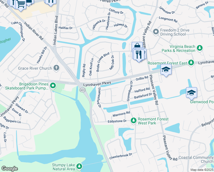 map of restaurants, bars, coffee shops, grocery stores, and more near 1300 Millington Court in Virginia Beach