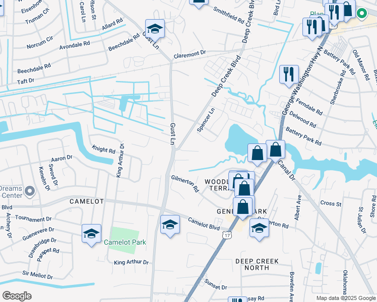 map of restaurants, bars, coffee shops, grocery stores, and more near Artis Avenue in Chesapeake