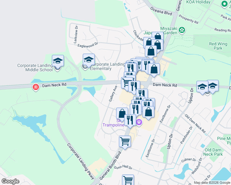 map of restaurants, bars, coffee shops, grocery stores, and more near 1107 Gallery Court in Virginia Beach