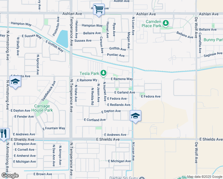 map of restaurants, bars, coffee shops, grocery stores, and more near 7385 East Garland Avenue in Fresno