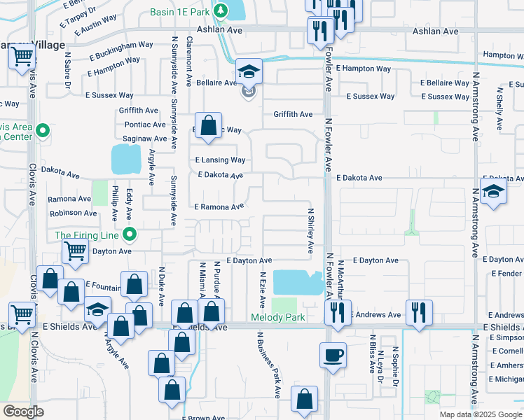 map of restaurants, bars, coffee shops, grocery stores, and more near 3683 North Ezie Avenue in Fresno