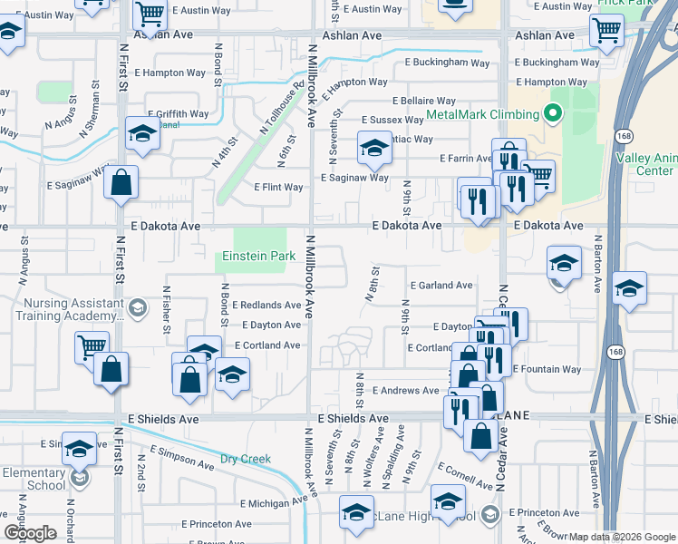 map of restaurants, bars, coffee shops, grocery stores, and more near 3654 North 7th Street in Fresno