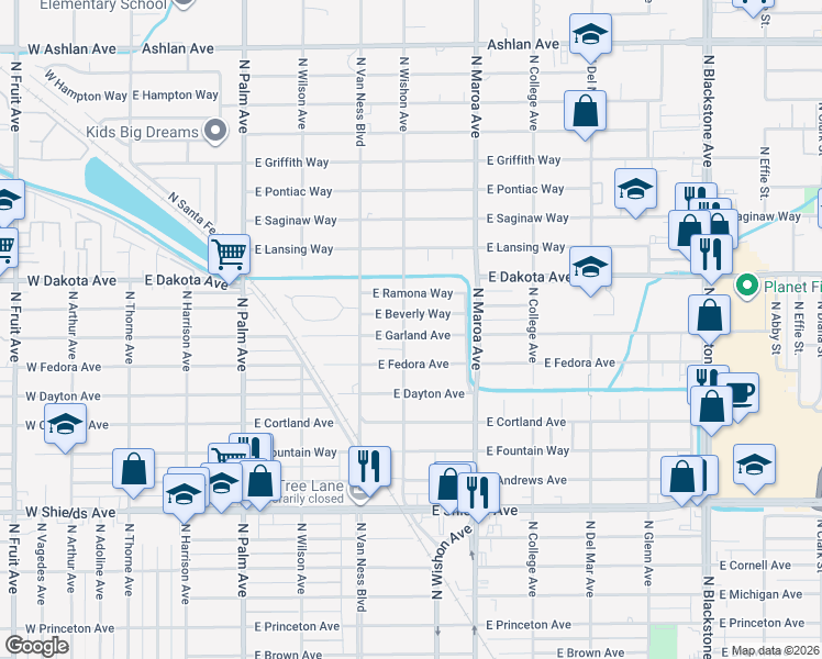 map of restaurants, bars, coffee shops, grocery stores, and more near 3682 North Wishon Avenue in Fresno