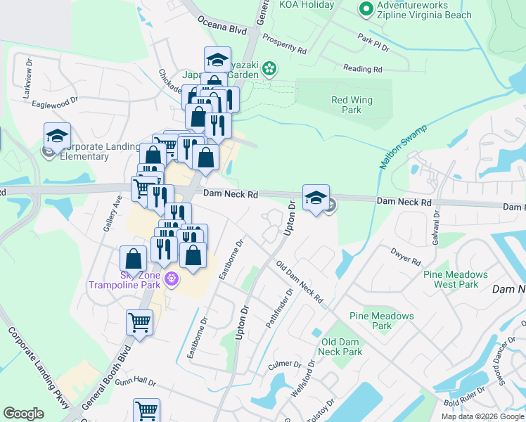 map of restaurants, bars, coffee shops, grocery stores, and more near 1760 Pattington Circle in Virginia Beach