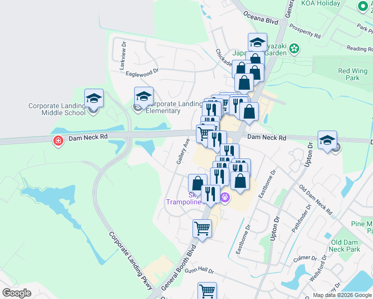 map of restaurants, bars, coffee shops, grocery stores, and more near 1107 Gallery Court in Virginia Beach