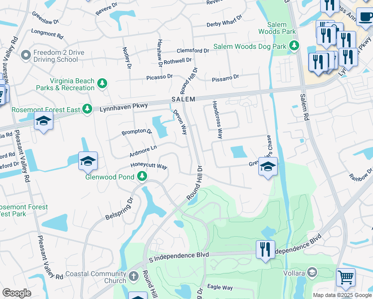 map of restaurants, bars, coffee shops, grocery stores, and more near 1849 Burwillow Drive in Virginia Beach