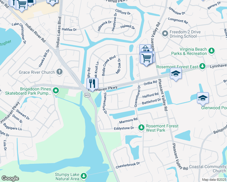 map of restaurants, bars, coffee shops, grocery stores, and more near 1300 Millington Court in Virginia Beach